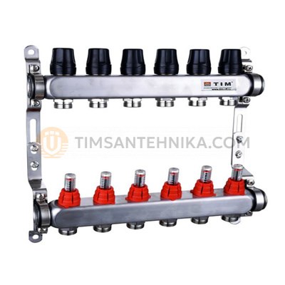 Коллектор из нержавеющей стали для теплых полов с расходомерами TIM 1 - 3/4" Евроконус - 6 выходов KDS5006 10295