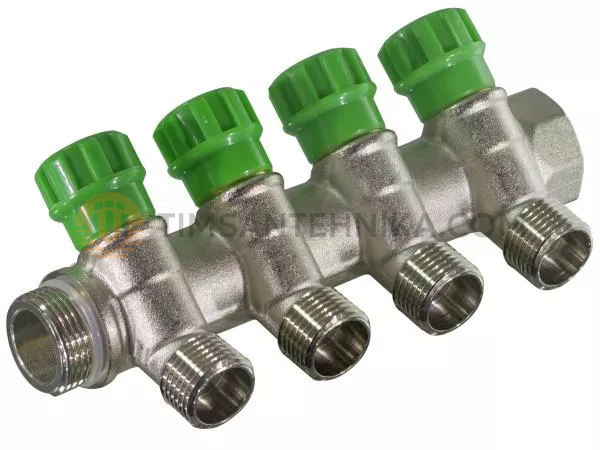 Коллектор с вентилями 135° Никелированный под «ЕВРОКОНУС». 3/4*3/4 (4 выхода) MR135N-3/4-4E 10327