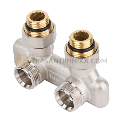 Узел угловой перекрёстный НВ радиаторный со встроенными запорными вентилями и ниппелями 1/2"×3/4" ЕК, RBX601.03 10330